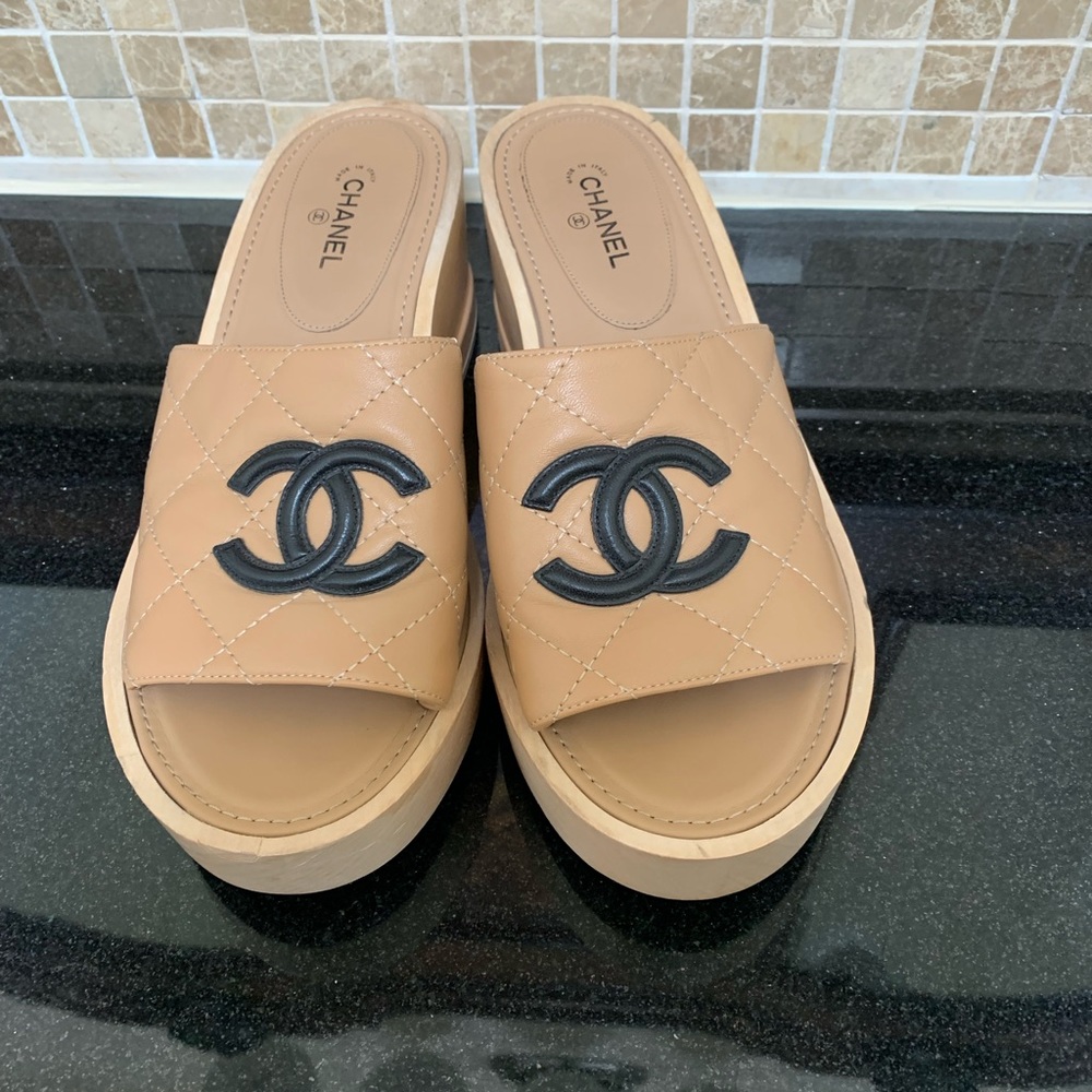 CHANEL Tan and Black Sandals with Iconic Logo